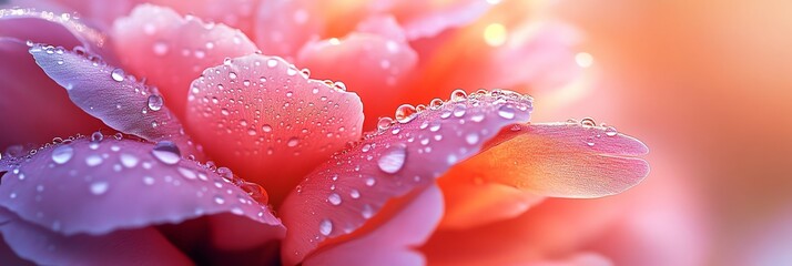 Fototapeta premium Stunning close-up of dewdrops on vibrant peony petals at sunrise, with a soft bokeh background. Hyper-realistic macro photography using natural lighting—perfect for nature lovers and Pinterest trends