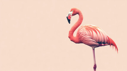 A flamingo stands elegantly on one leg, displaying its striking pink plumage against a soft, light summer backdrop. The calm surroundings enhance the bird's beauty