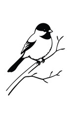 Minimalist Silhouette Of A Chickadee Bird Perched On A Branch In Black And White Illustration