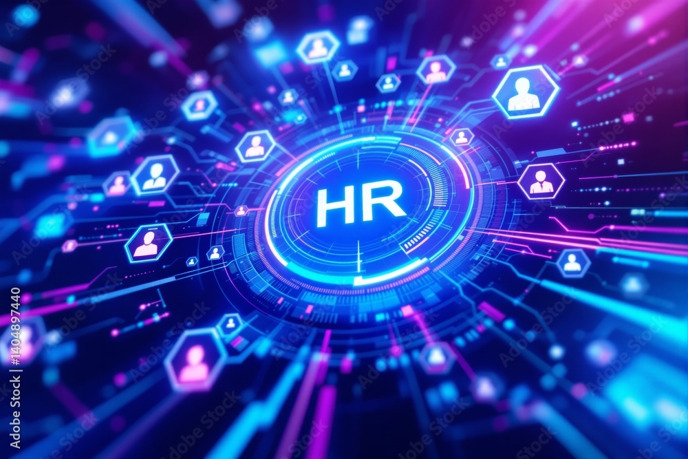 Poster futuristic digital interface showing hr in center with user icons, glowing neon style, abstract back