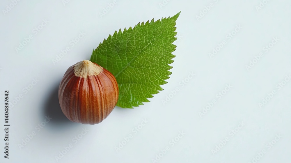 Poster a single hazelnut with a leaf on a white background showing the texture and color of the nut and lea