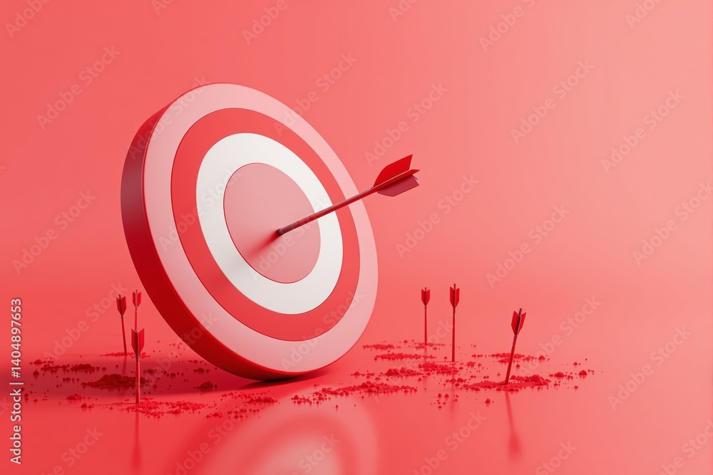 Aufkleber red target with one arrow hitting the center and several missing, minimal graphic style on red backg