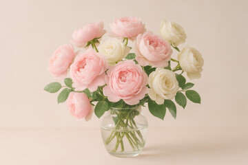 Obraz premium Bouquet élégant de roses blanches et pivoines roses dans un vase en verre, sur fond clair, pour la fête des mères ou une décoration florale raffinée