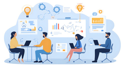 Collaborative Innovation: A dynamic illustration of a modern team engaged in strategic discussions and analysis, sparking innovative solutions and strategic insights for business growth and success.