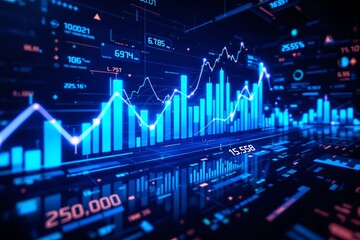 Glowing financial charts, futuristic digital style, on a dark blue background, concept of business analytics and stock market visualization, Ai generative