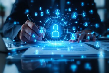 Fototapeta premium Businessman working with digital human resources interface, glowing blue holographic style, office background, concept of recruitment and networking. Ai generative