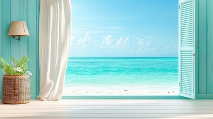 Coastal view from an open window with a beach and ocean in the background.