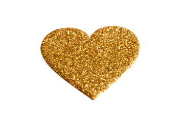 Golden glitter heart on a white surface, love, sparkling heart, glitter decoration, romantic symbol