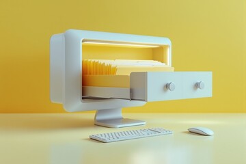 Computer screen designed like a drawer cabinet filled with yellow folders, minimalistic graphic style, yellow background, concept of digital file storage, Ai generative