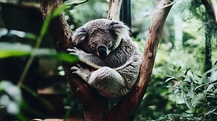 Sleepy koala resting comfortably in a lush forest.