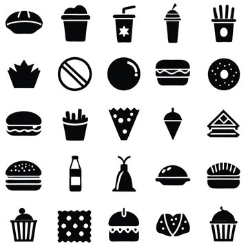 Food and drink icon set vector illustration design with coffee cup, wine glass, beer mug, cake silhouette, and other food symbols