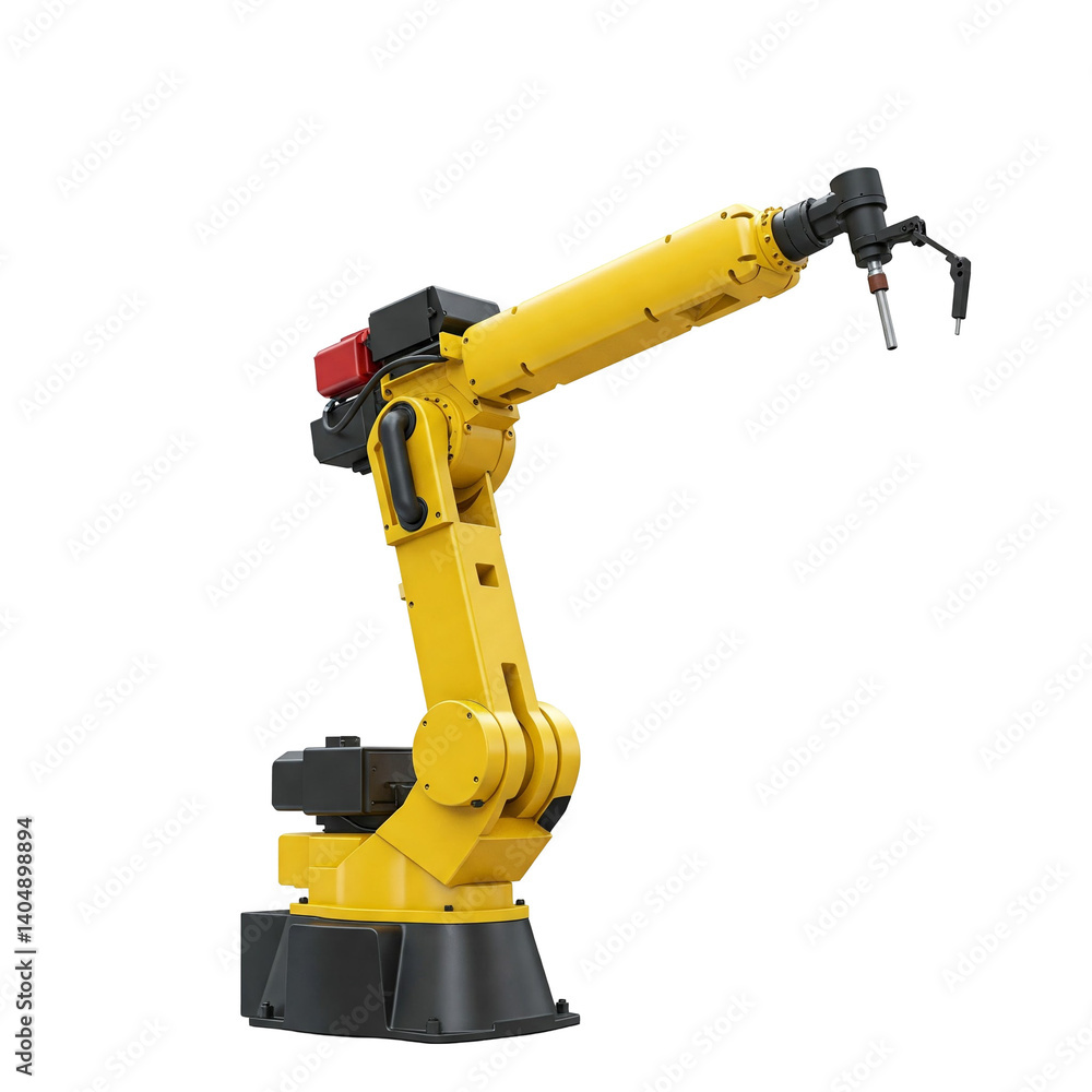 Poster automated industrial robotic arm in a manufacturing environment with vibrant background colors: a sy