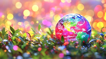 Earth globe in vibrant colorful bokeh