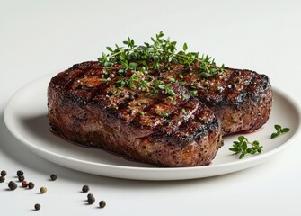 Perfectly seared steak, garnished with fresh thyme and scattered peppercorns on a white plate. A delicious and savory culinary presentation