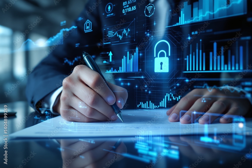 Poster man signing business document with holographic cybersecurity icons and financial graphs, futuristic 