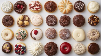 Colorful Variety of Gourmet Donuts Displayed on a White Surface for a Sweet Treat Experience