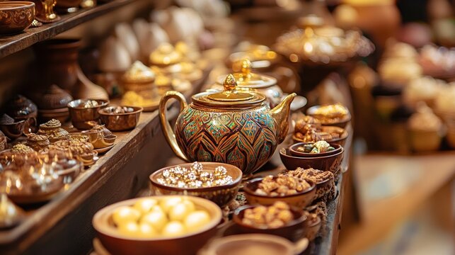 Traditional market display with jars of spices and nuts