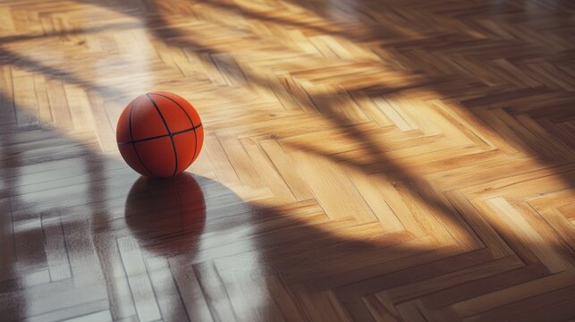 An inviting basketball still life on a hardwood court bathed in sunlight