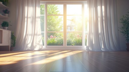 Well-lit living room with soft curtains, open windows, and cooling fan