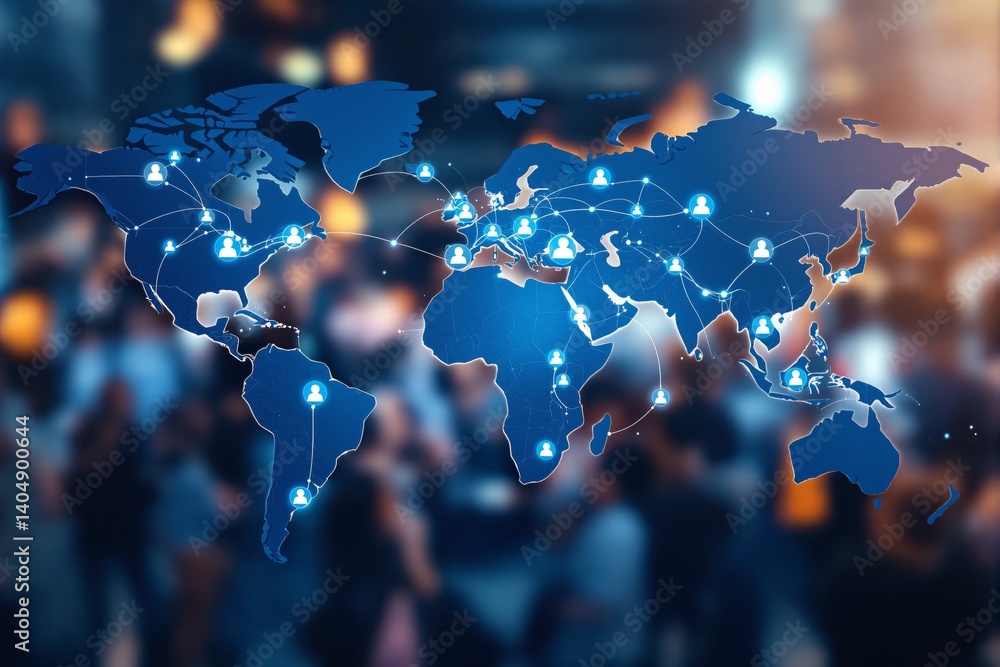 Poster digital world map with user icons and network lines over a blurred crowd background, symbolizing glo