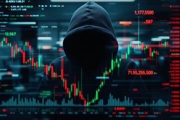 Hooded anonymous figure with financial chart overlays, digital style, blurred office background. Concept of cybercrime in finance. Ai generative
