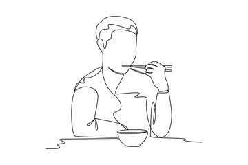 One single line drawing of food reviewer videos feature people savoring excessive quantities of food. Food vlogger minimalist concept. Food reviewer.