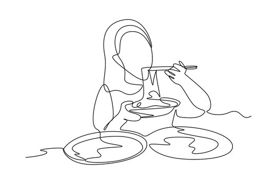 One single line drawing of food reviewer eat prodigious portions of food for their audience. Food vlogger minimalist concept. Food reviewer.