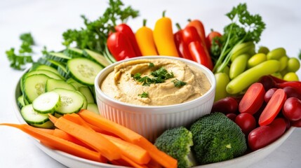 Colorful vegetable and dip arrangement for healthy eating