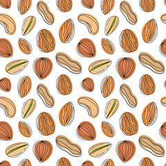 Seamless pattern with various types of nuts — cashews, pistachios, walnuts, almonds, and hazelnuts. Perfect for packaging, healthy food branding, kitchen textiles, and eco-friendly products. 