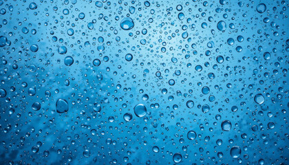 Water drops on blue background, refreshing design with clear droplets on vibrant blue surface