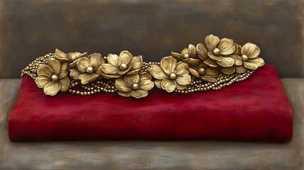 Obraz premium Ornate gold floral clutch resting on a maroon leather book.