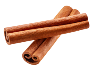 Two cinnamon sticks crossing on transparent background