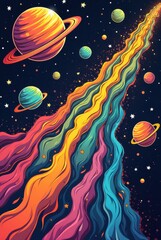 Vibrant cartoon planets with expressive faces and a colorful comet streaming through a whimsical cosmic landscape © Anatoly