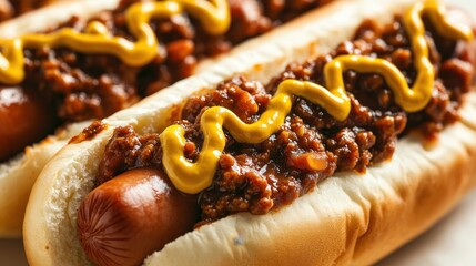 Classic chili dogs with mustard drizzle on soft buns, presented in a close-up, appetizing view