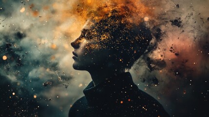 Surreal profile of a man dissolving into space and particles