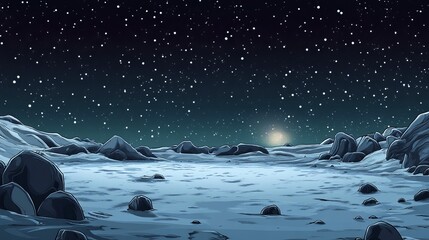 A desolate landscape with rocks and a starry sky above a dim light source on the distant horizon line