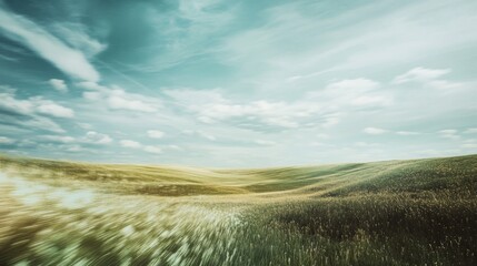 Obraz premium Vast serene landscape with flowing clouds over open grassland