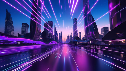 Obraz premium Futuristic Urban Cityscape: Neon-lit Skyscrapers and Skyline at Night