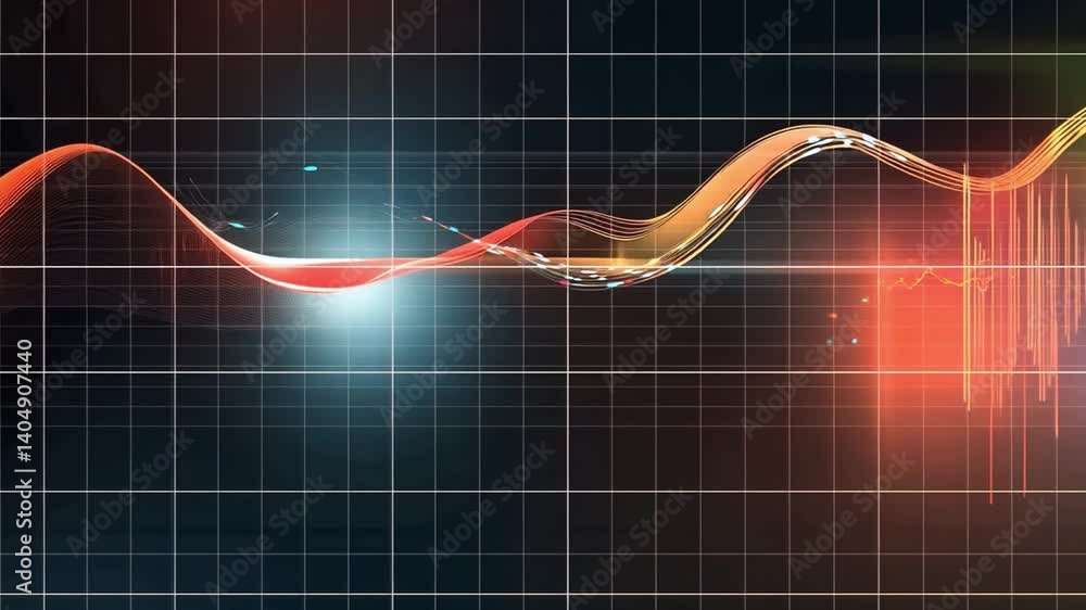 Poster digital sound wave visualization analyzing audio frequencies and data trends through vibrant colors 