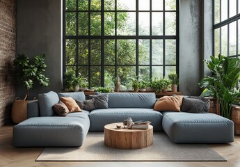 Cozy Modern Living Room with Large Windows and Lush Green Plants in a Bright Natural Light Environment