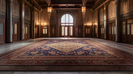 Obraz premium Middle Eastern carpet with rich, vibrant colors and geometric patterns displayed in a spacious room with Arabic calligraphy adorning the walls 