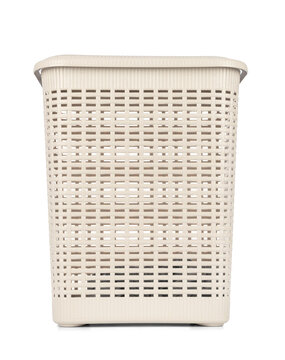 Plastic laundry basket in beige color, front view. Rectangular storage bin with woven pattern, suitable for home, laundry, or bathroom use. Isolated on a transparent background PNG.