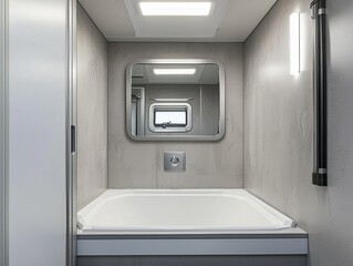 Modern bathroom interior featuring a bathtub, mirror, shower enclosure, and neutral color palette, creating a clean and inviting space.