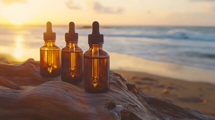 Amber Glass Bottles of Essential Oils on Beach at Sunset