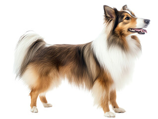 Clever and friendly collie dog standing with beautiful coat, isolated on white background.