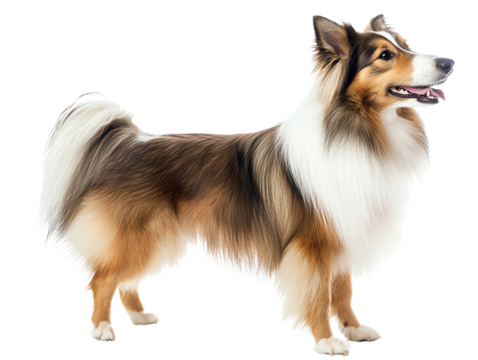 Clever and friendly collie dog standing with beautiful coat, isolated on white background.