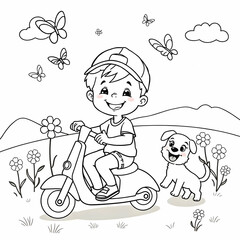 Cute Cartoon Child Riding Scooter Playful Puppy Butterflies Flowers Meadow Black and White Line Art Coloring Page
