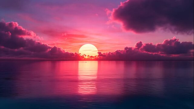 Aesthetically pleasing pink sunset over calm ocean waters with fluffy clouds evoking feelings of serenity