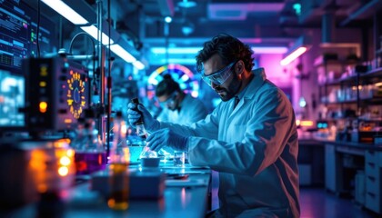 Fototapeta premium Researcher uses a pipette to mix solutions in a modern lab filled with vibrant neon lights and advanced equipment