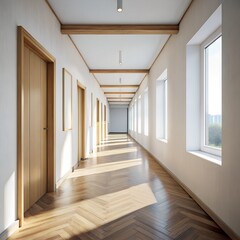 Long Empty Corridor with Tall White Walls and Wooden Flooring &ndash; Spacious Modern Interior

